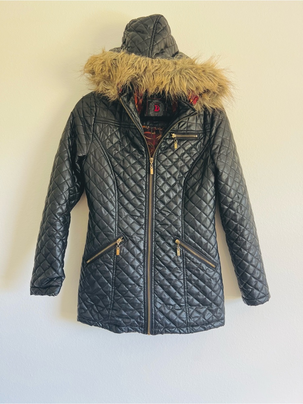 Dollhouse Quilted Faux-Leather Hooded Coat with Faux-Fur Trim - Black